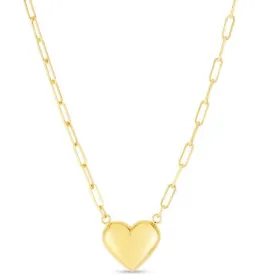 14 Karat Yellow Gold Heart Necklace on Paperclip Chain