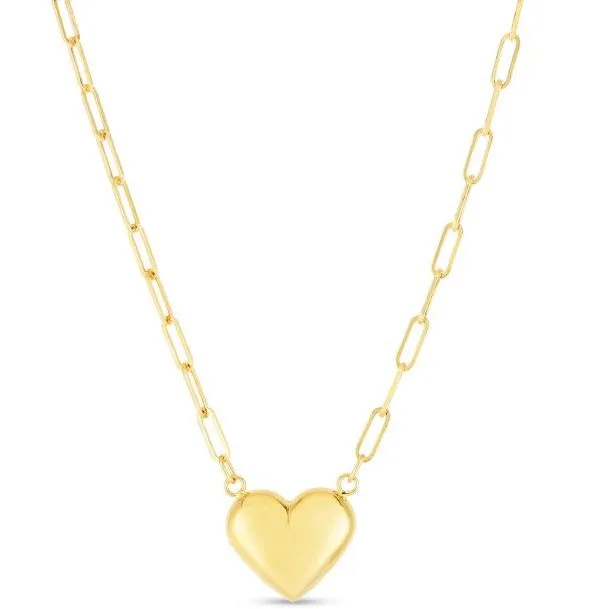 14 Karat Yellow Gold Heart Necklace on Paperclip Chain