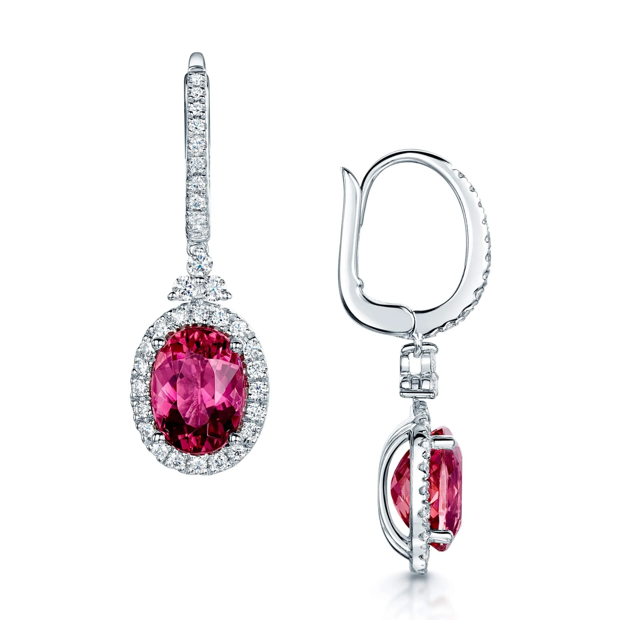 18ct White Gold Oval Cut Pink Tourmaline & Diamond Set Trefoil Drop Earnings