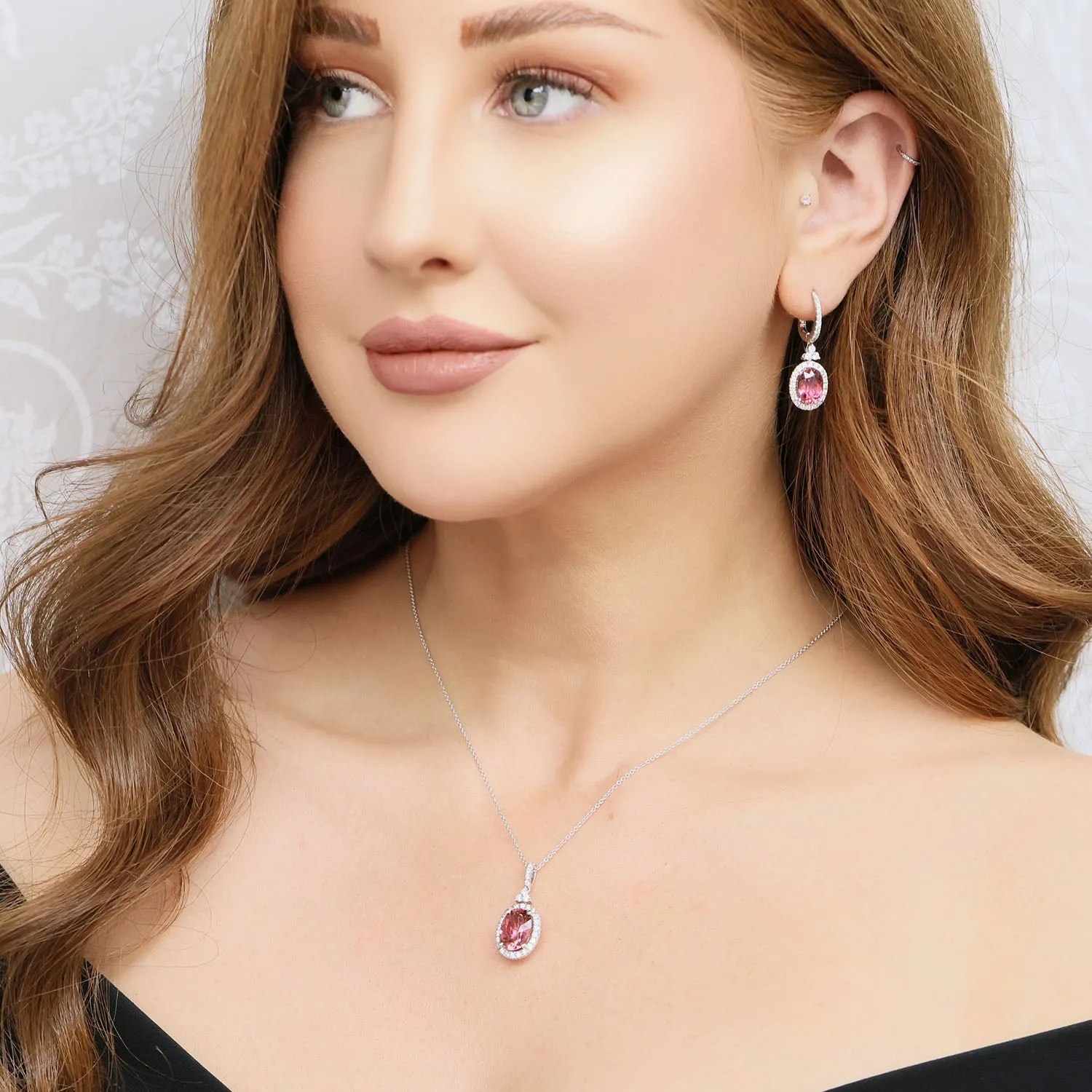 18ct White Gold Oval Cut Pink Tourmaline & Diamond Set Trefoil Drop Earnings