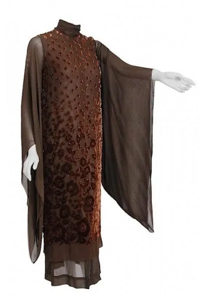 1969 Christian Dior Haute-Couture Brown Floral Flocked Silk Kimono Sleeve Gown