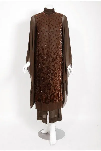 1969 Christian Dior Haute-Couture Brown Floral Flocked Silk Kimono Sleeve Gown