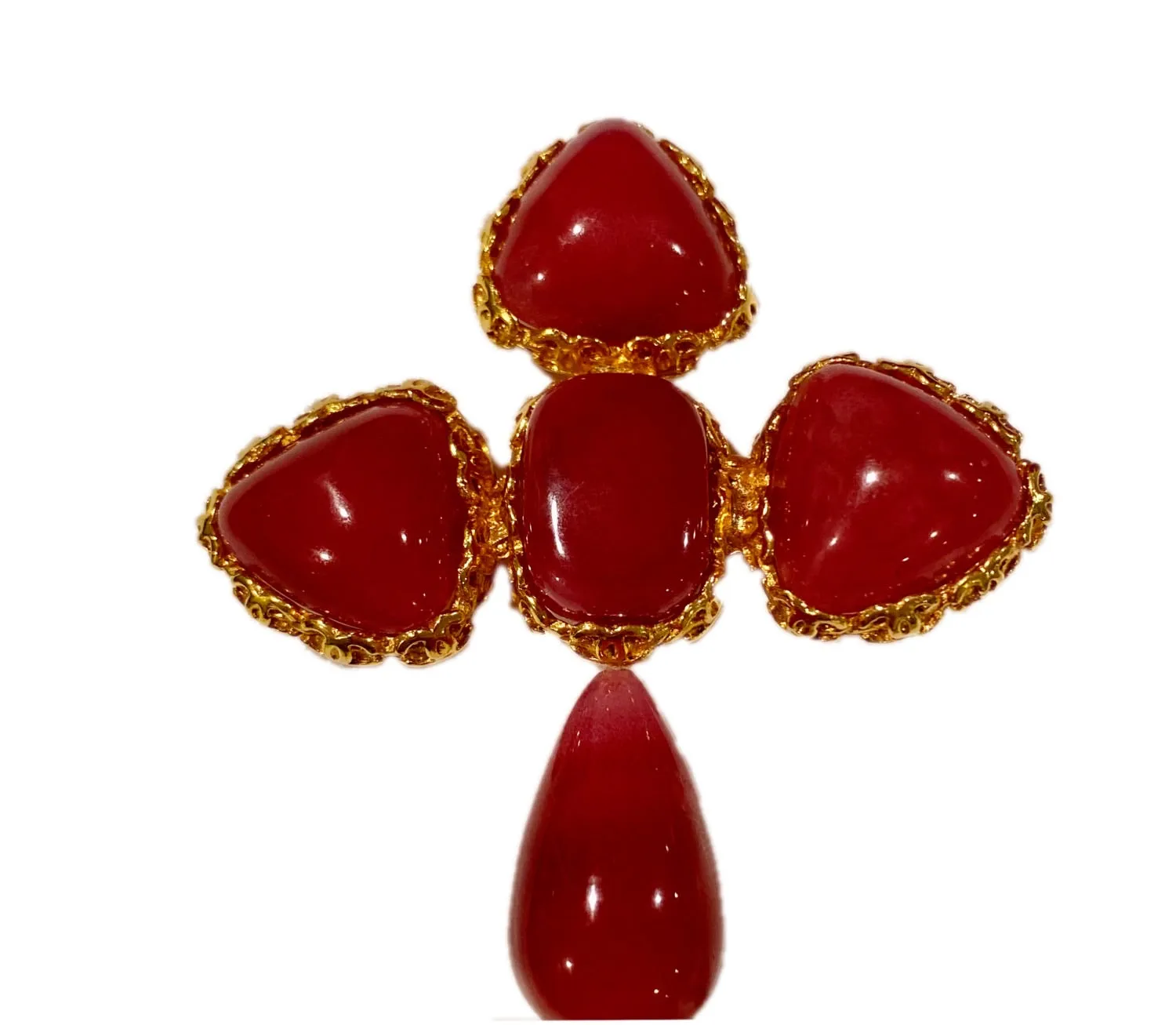 1989 collection 28 Chanel vintage Large matte Red brick Cross gripoix poured glass pin brooch