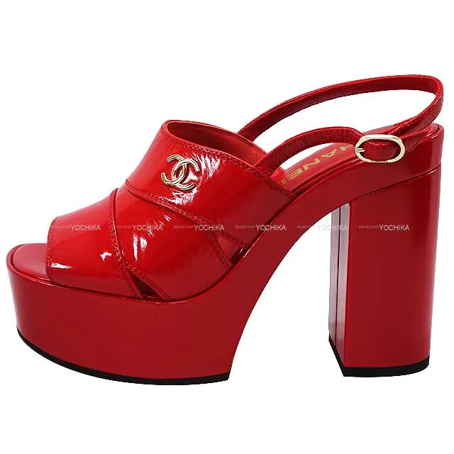 2023 AW NEW CHANEL sandals Ladies Crumpled Double-soled COCO Mark Red Patent Lambskin #37 Silver HW G45016[EXCELLENT][Authentic]