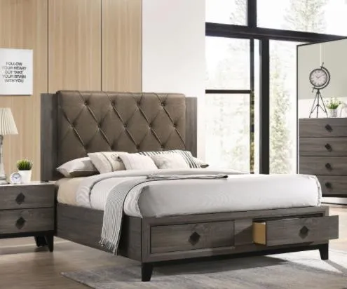 ACME Avantika Queen Bed w/Storage, Fabric & Rustic Gray Oak 27670Q