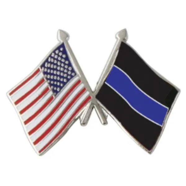 American and Police Thin Blue Line Crossed Flags 1" Lapel Pin