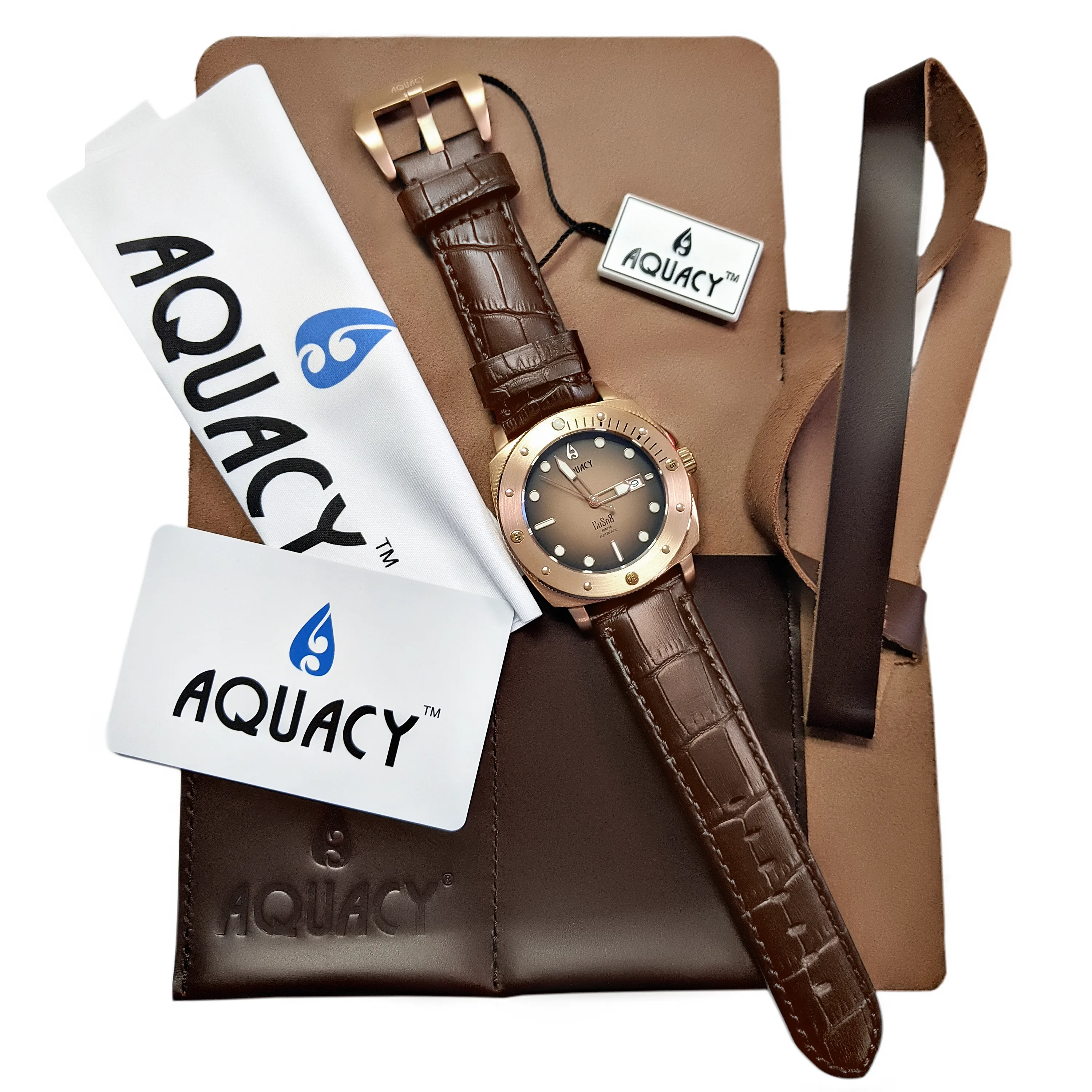 Aquacy Bronze CuSn8 Series Automatic Men's 200m Watch 44mm Black/Brown Dial Brown Strap