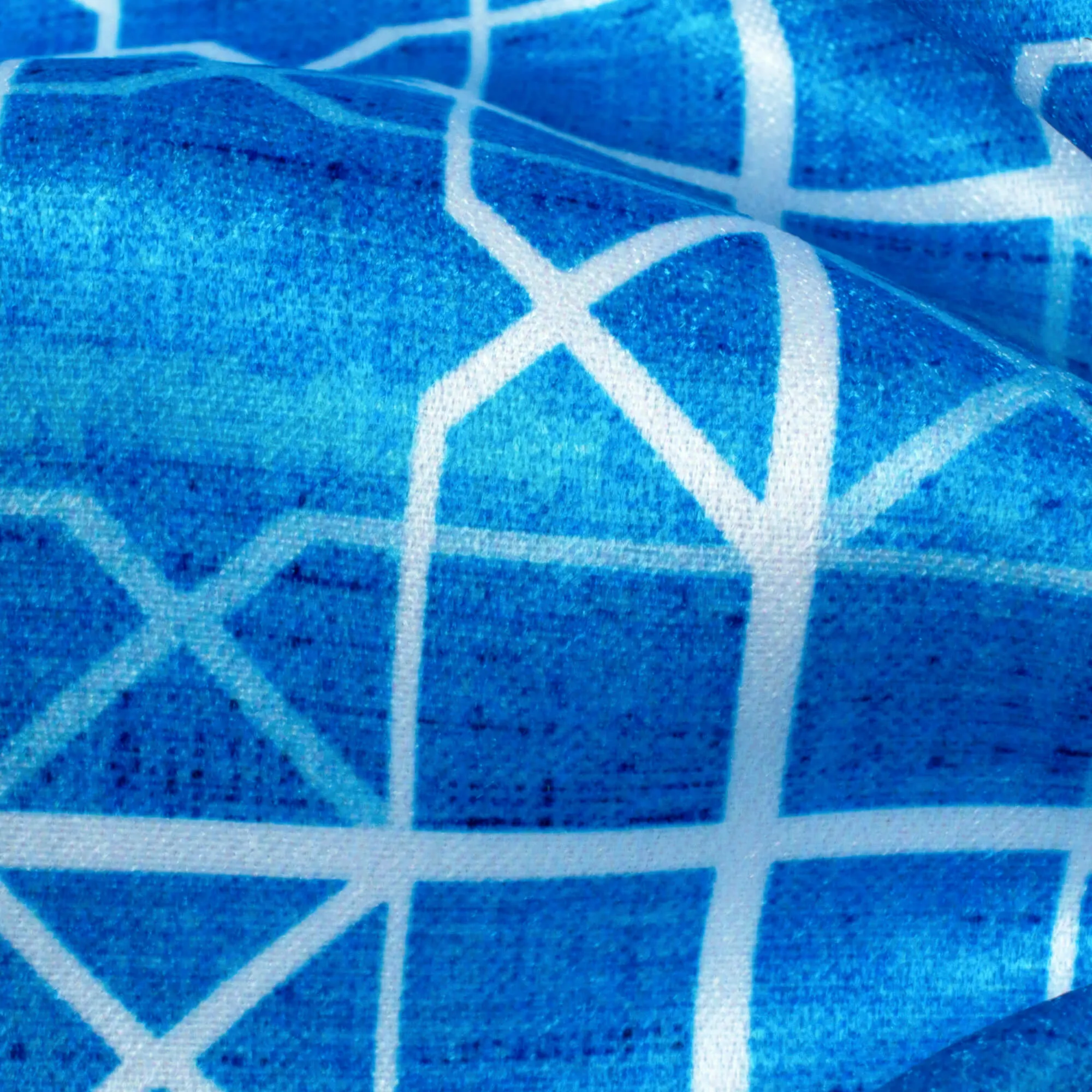 Azure Blue And White Geometric Pattern Digital Print Lush Satin Fabric