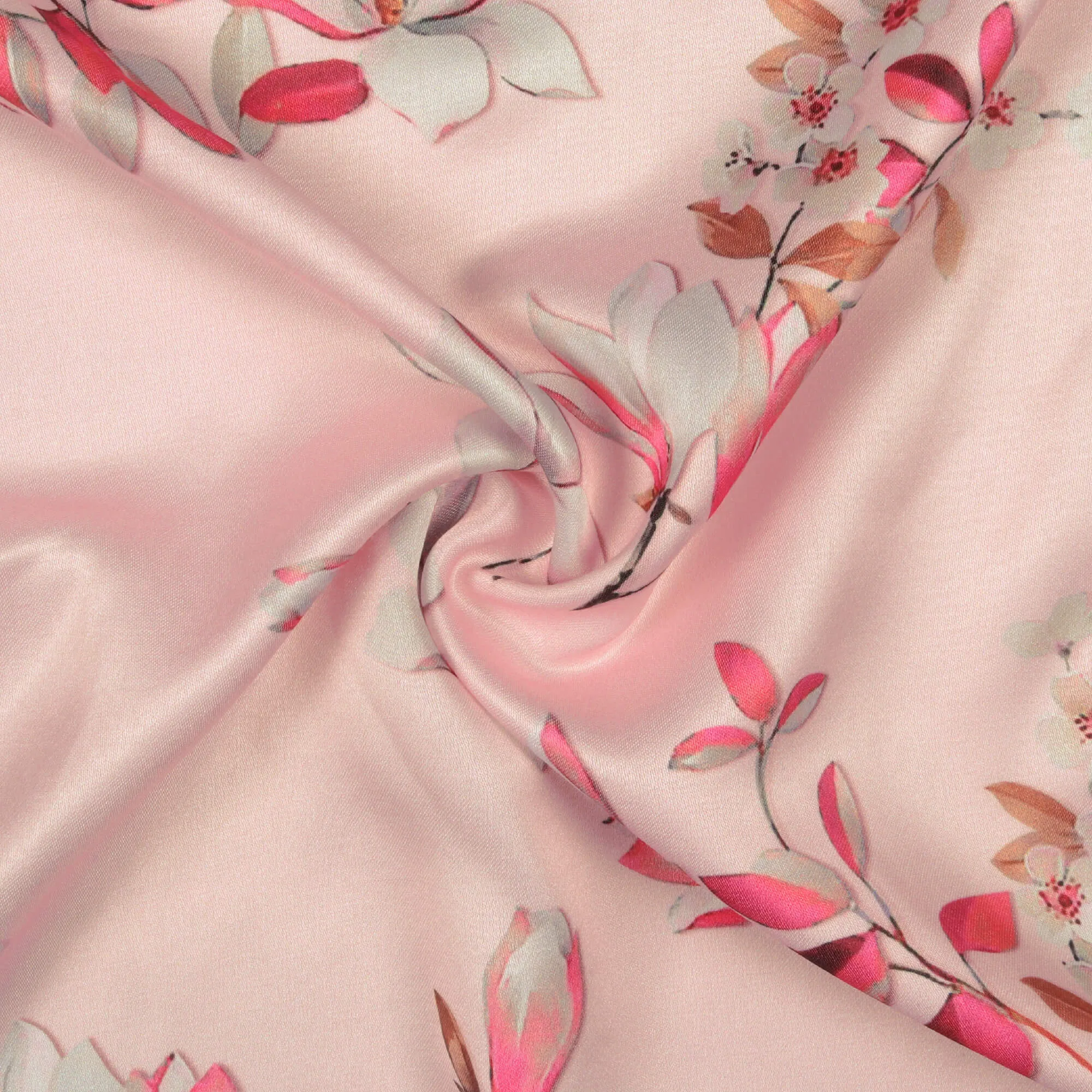 Baby Pink And White Floral Pattern Digital Print Premium Lush Satin Fabric