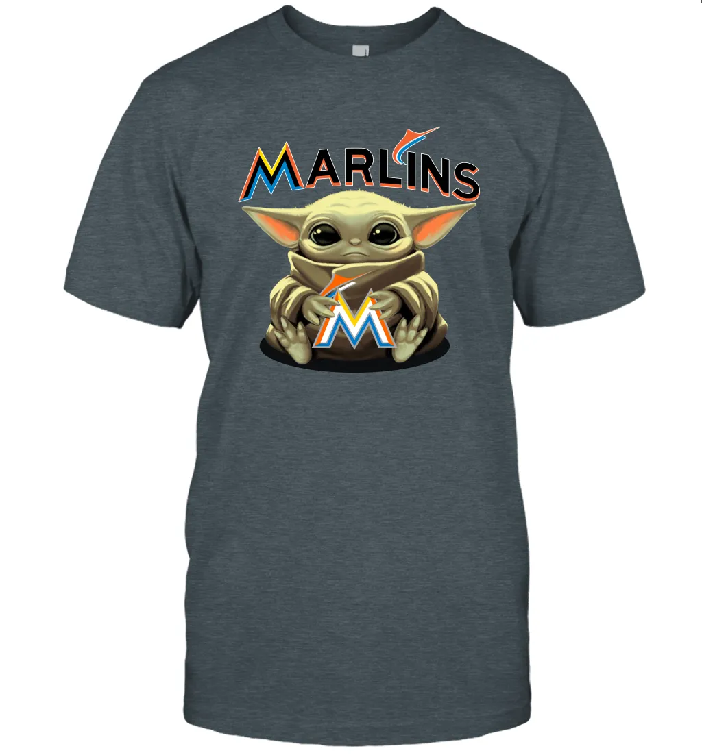 Baby Yoda Hugs Loves The Miami Marlins Baseball Mens T-Shirt