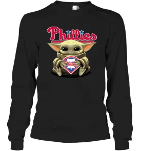 Baby Yoda Hugs Loves The Philadelphia Phillies Baseball Adult Long Sleeve T-Shirt