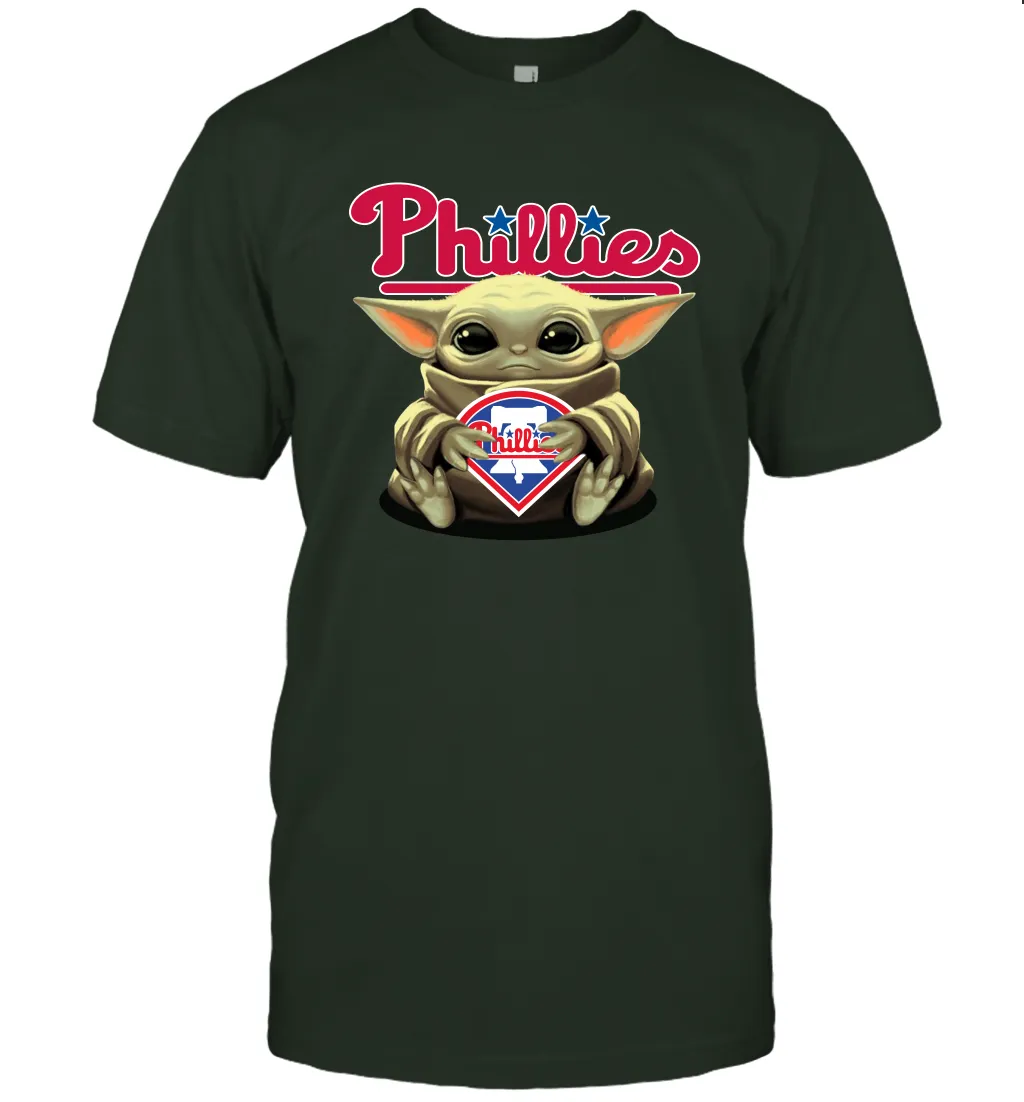 Baby Yoda Hugs Loves The Philadelphia Phillies Baseball Mens T-Shirt