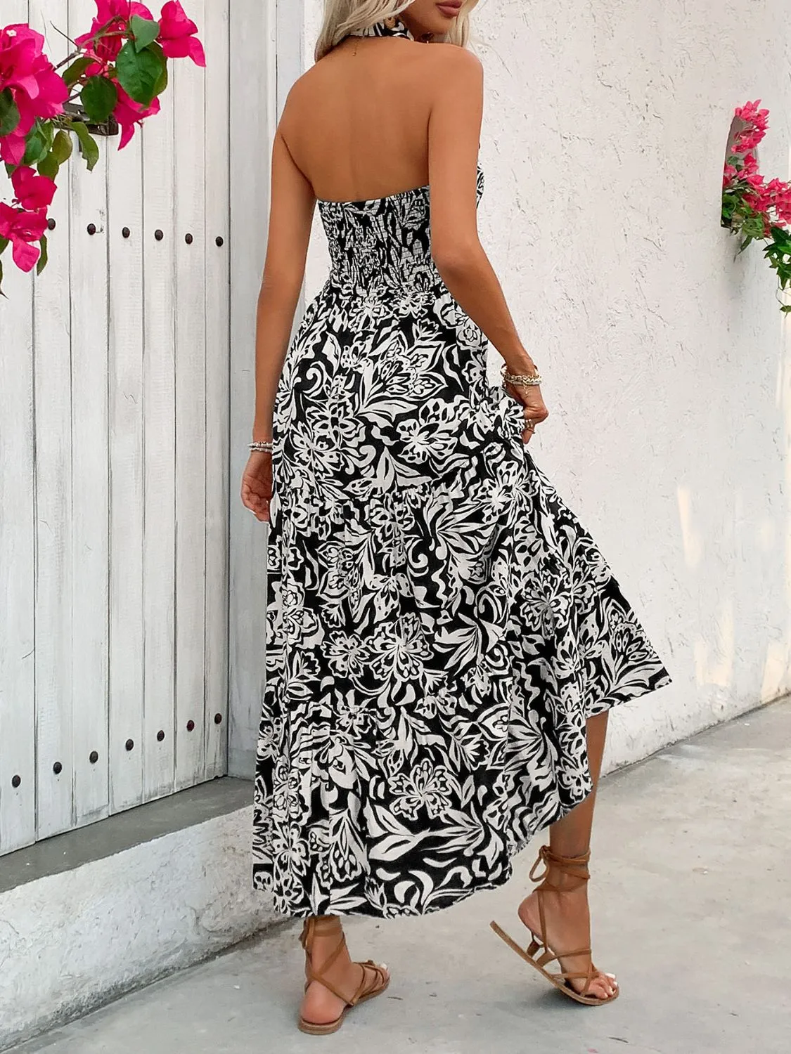 Backless Smocked Printed Sleeveless Midi Dress