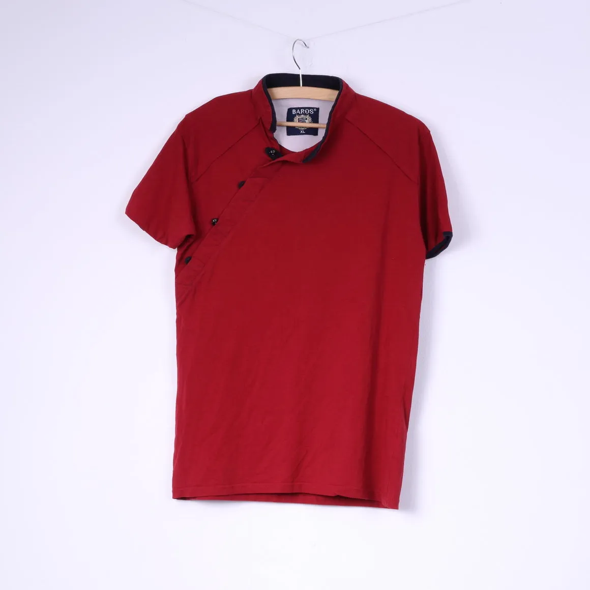 Baros Mens XL Shirt Red Stand Up Collar Cotton Top