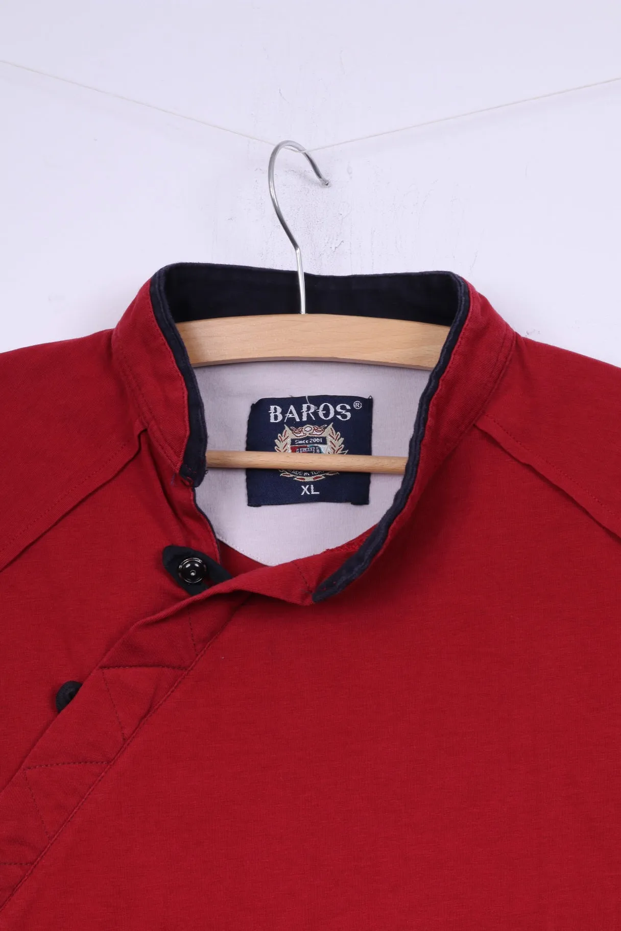 Baros Mens XL Shirt Red Stand Up Collar Cotton Top