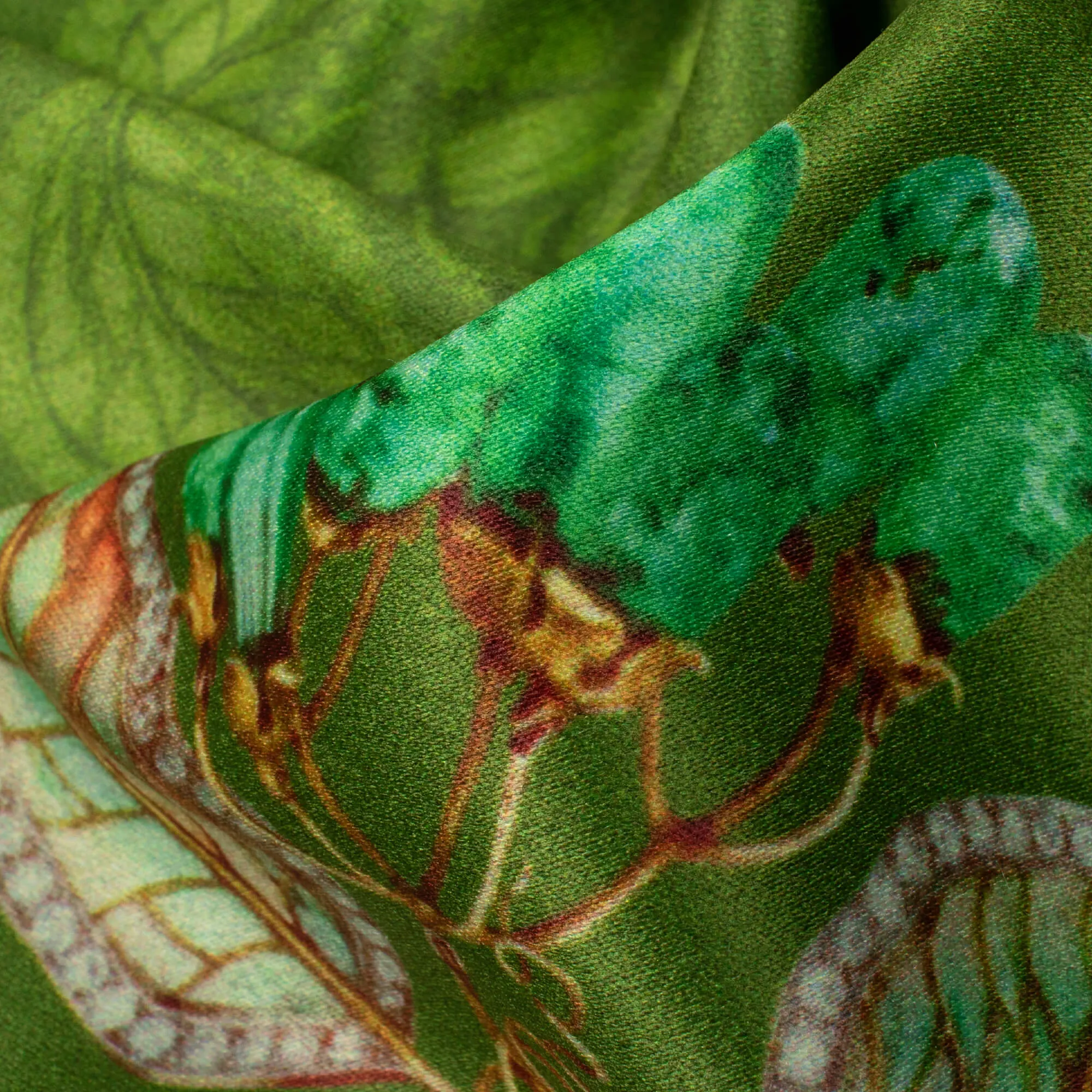 Basil Green Floral Pattern Digital Print Lush Satin Fabric