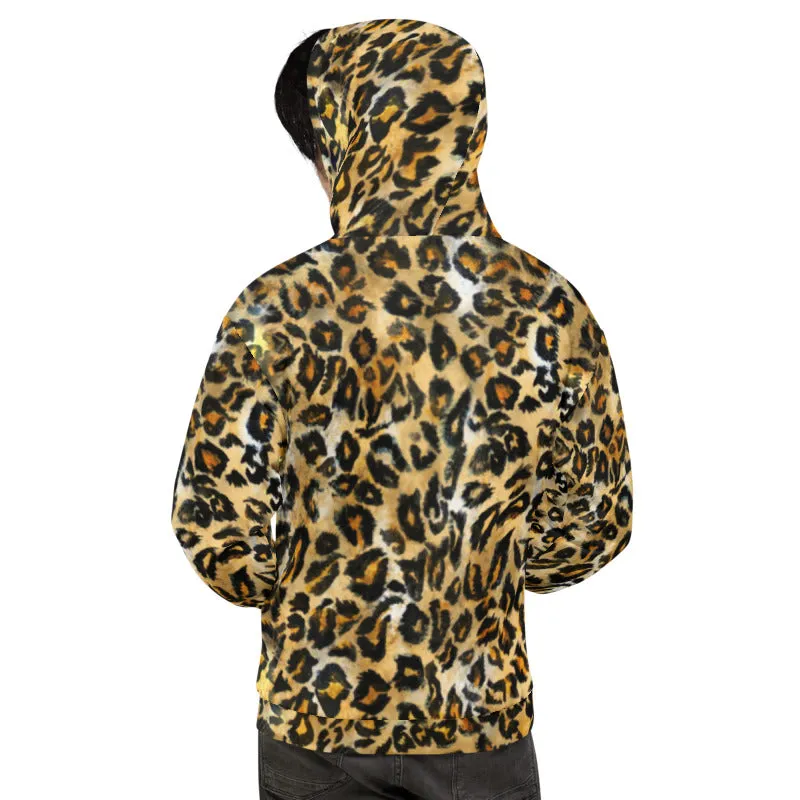 Beige Leopard Men's Hoodie, Unisex Brown Wild Animal Print Premium Sweatshirt-Made in USA/ MX/ EU