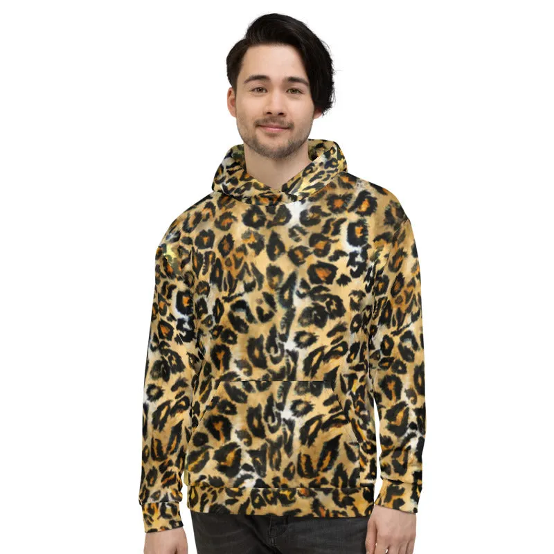 Beige Leopard Men's Hoodie, Unisex Brown Wild Animal Print Premium Sweatshirt-Made in USA/ MX/ EU