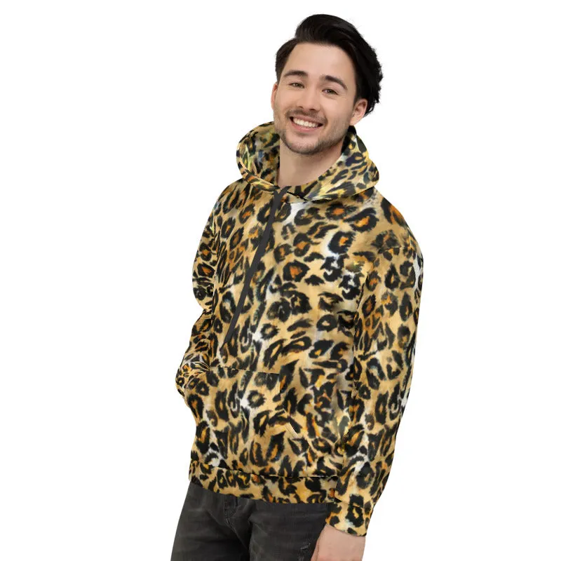 Beige Leopard Men's Hoodie, Unisex Brown Wild Animal Print Premium Sweatshirt-Made in USA/ MX/ EU