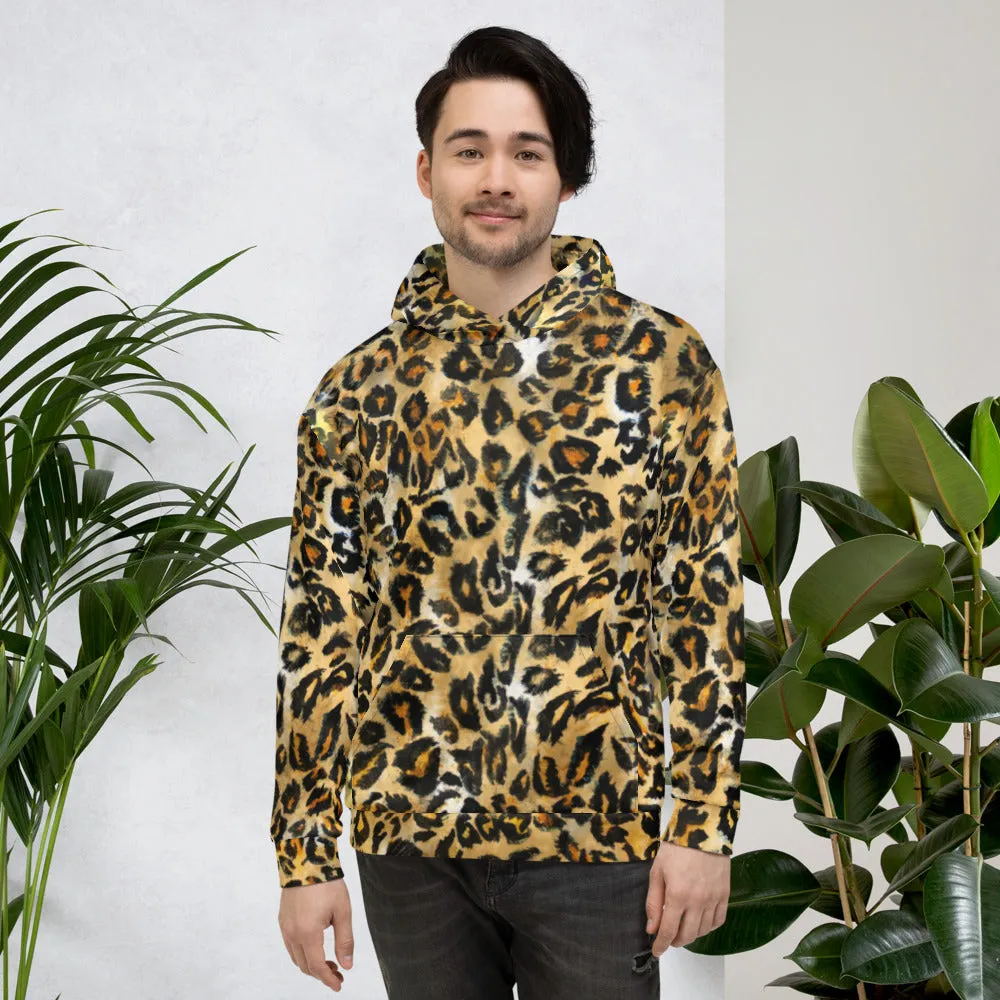 Beige Leopard Men's Hoodie, Unisex Brown Wild Animal Print Premium Sweatshirt-Made in USA/ MX/ EU