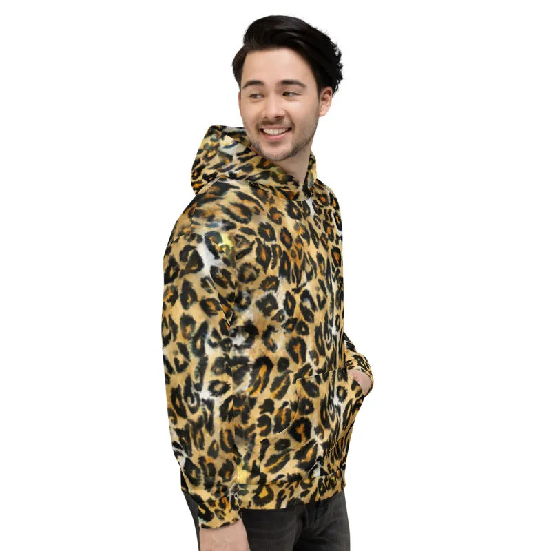 Beige Leopard Men's Hoodie, Unisex Brown Wild Animal Print Premium Sweatshirt-Made in USA/ MX/ EU