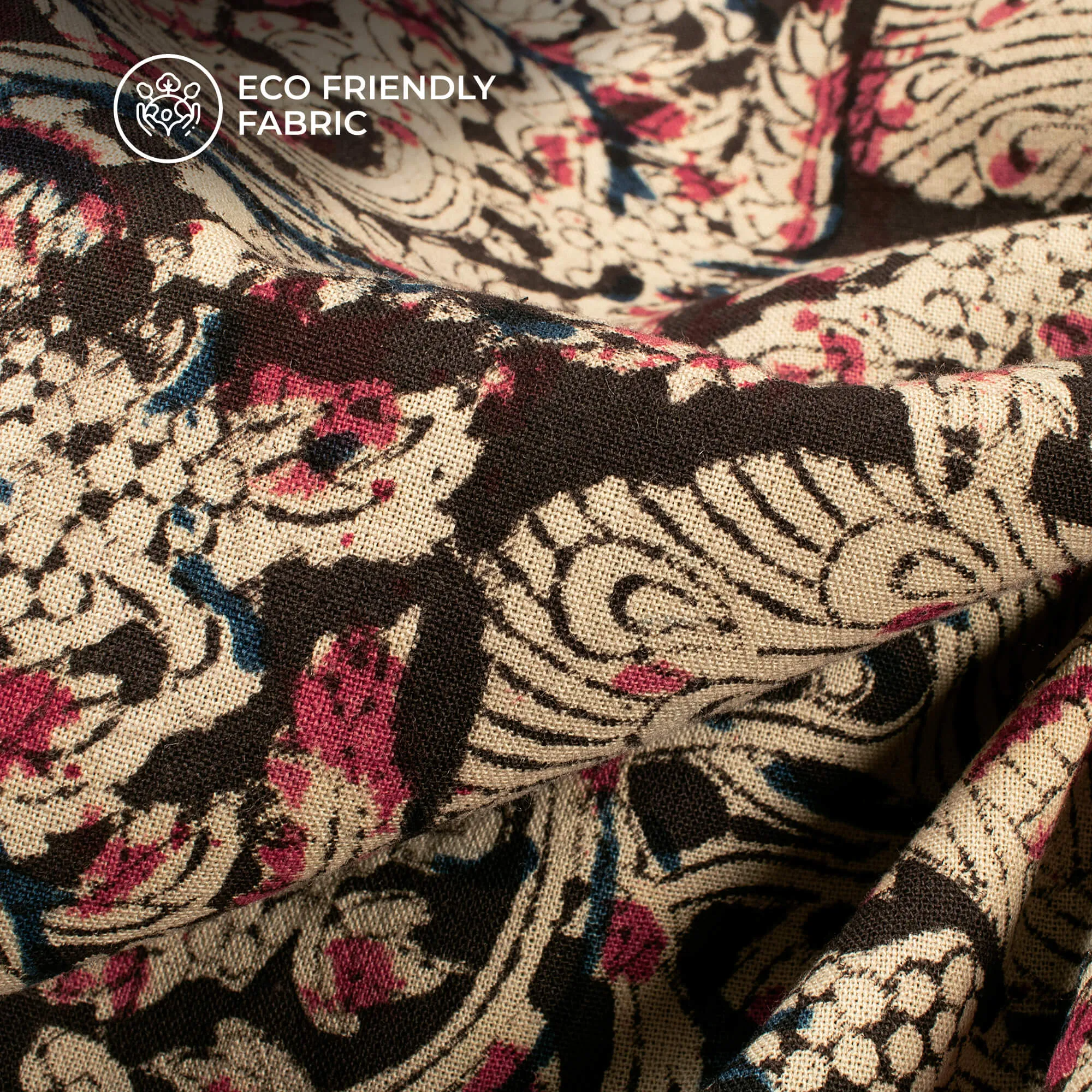 Black And Beige Peacock Kalamkari Cotton Fabric