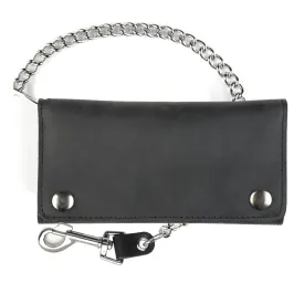 Black Leather 7" Tri-Fold Credit Card Wallet w/ Chain