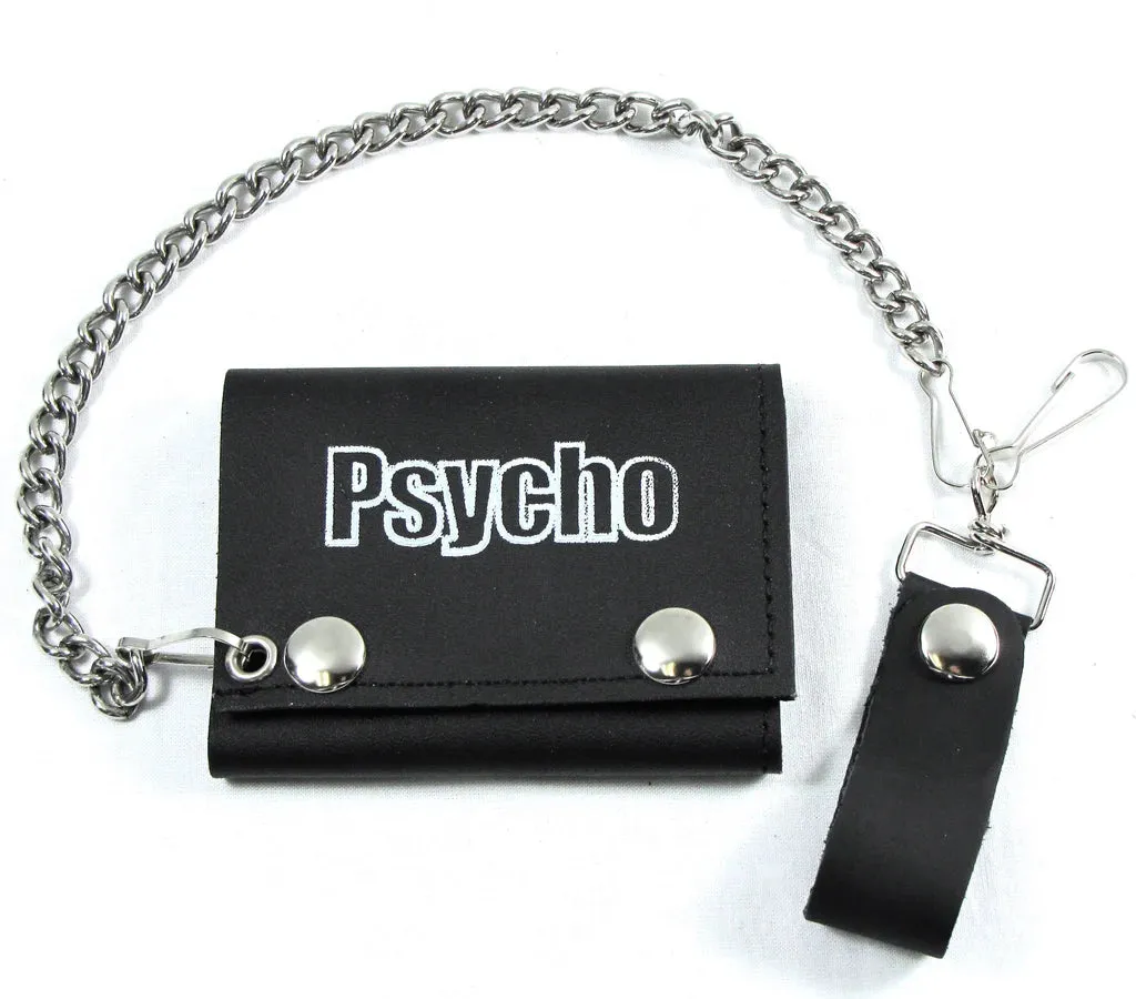 Black Leather Tri-Fold Wallet w/ Psycho Text