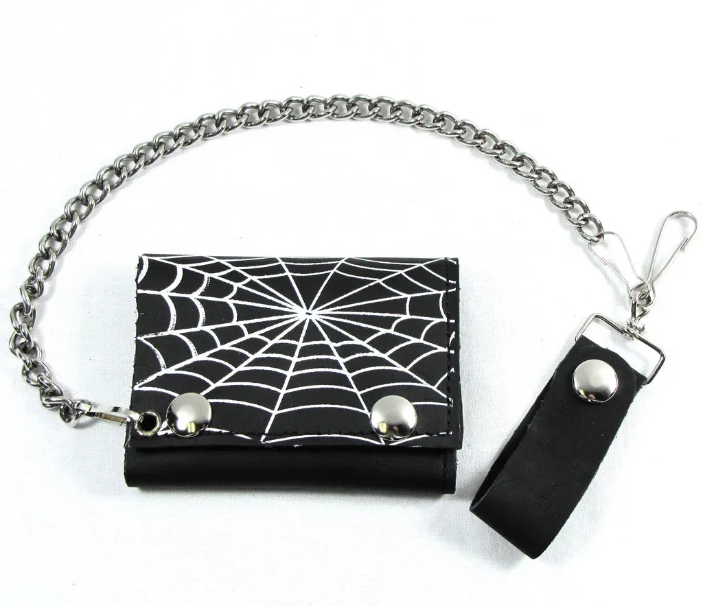 Black Leather Tri-Fold Wallet w/ White Spiderweb Detail