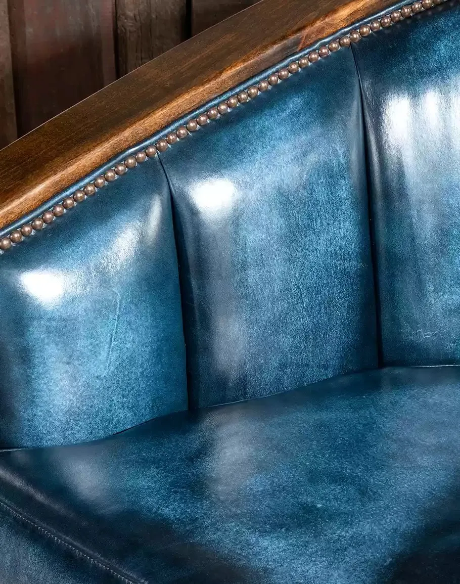 Blue Leather Swivel Barrel Chair