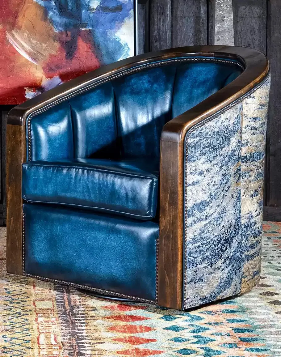 Blue Leather Swivel Barrel Chair