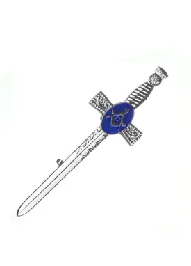 Blue Masonic Emblem Broadsword Kilt Pin - Chrome Finish