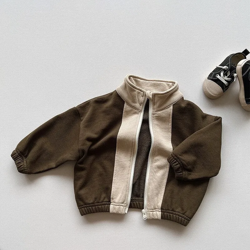 Brown & Beige Kids Retro Zip Up Jacket