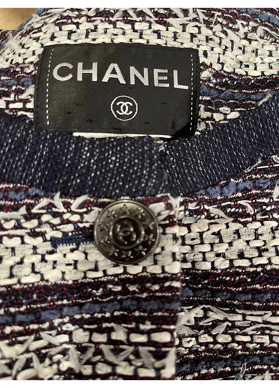 Chanel 2013 Blue White Striped Tweed Jacket US 10/12