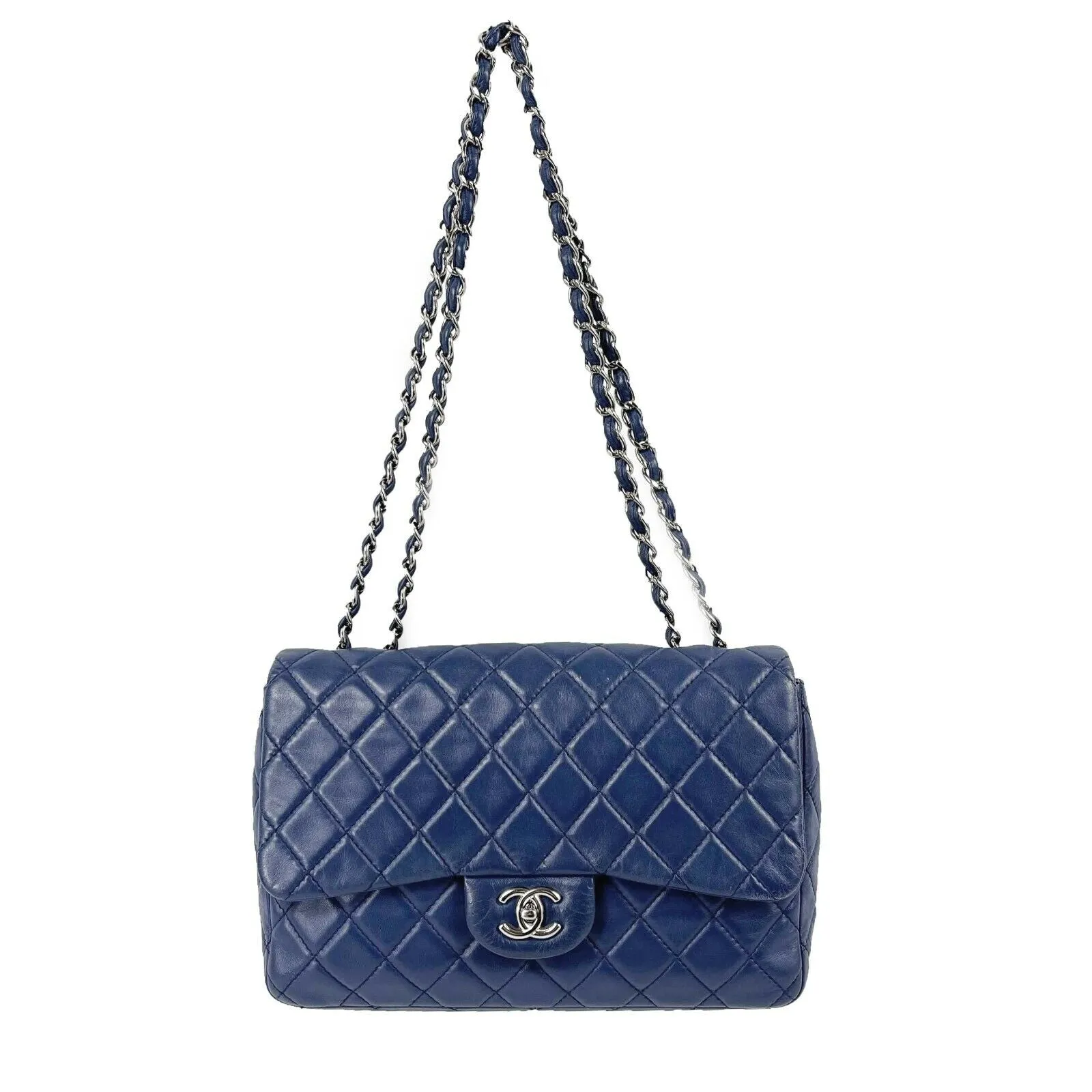 CHANEL - Classic 08 Single Flap Bag - Blue Quilted Lambskin Maxi Shoulder Bag