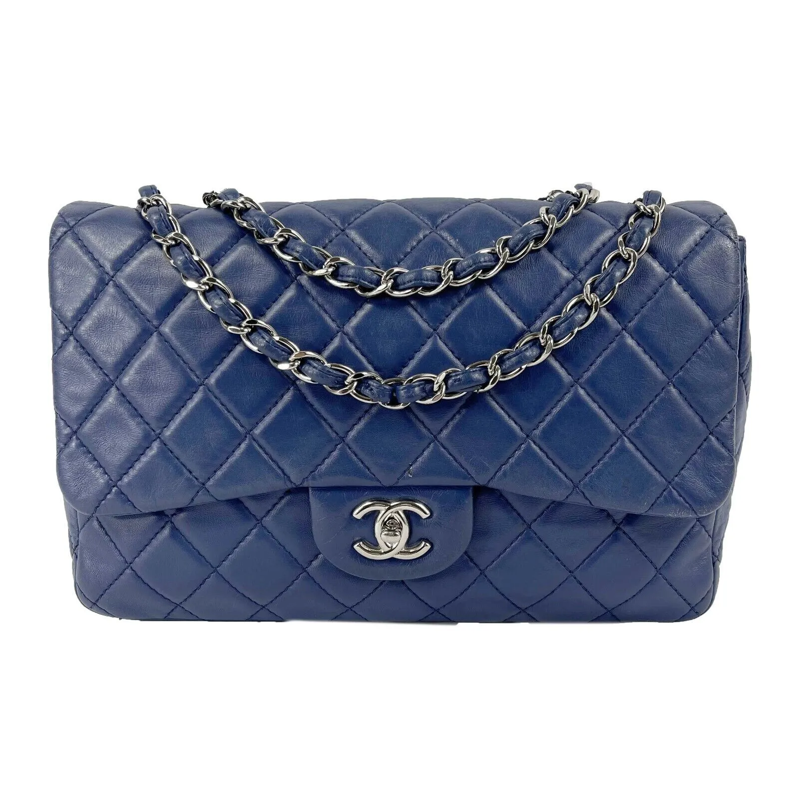 CHANEL - Classic 08 Single Flap Bag - Blue Quilted Lambskin Maxi Shoulder Bag