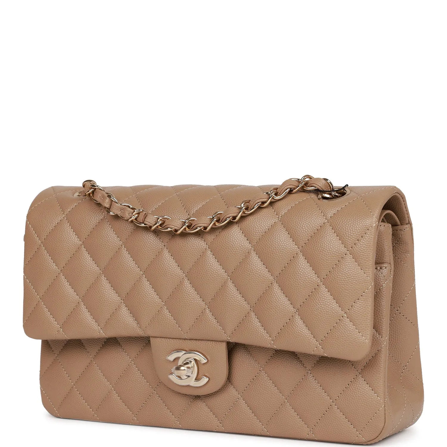 Chanel Medium Classic Double Flap Bag Dark Beige Caviar Light Gold Hardware