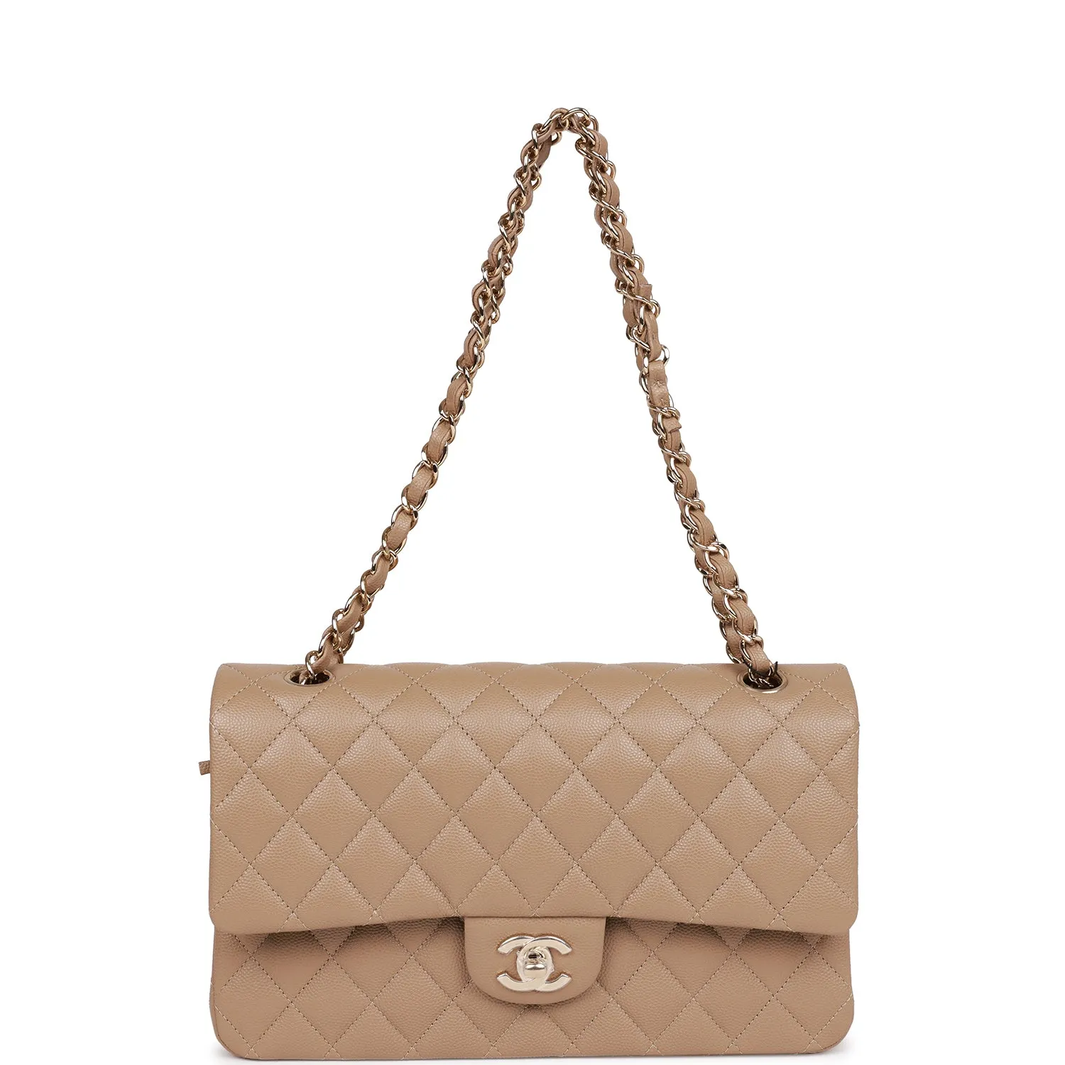 Chanel Medium Classic Double Flap Bag Dark Beige Caviar Light Gold Hardware