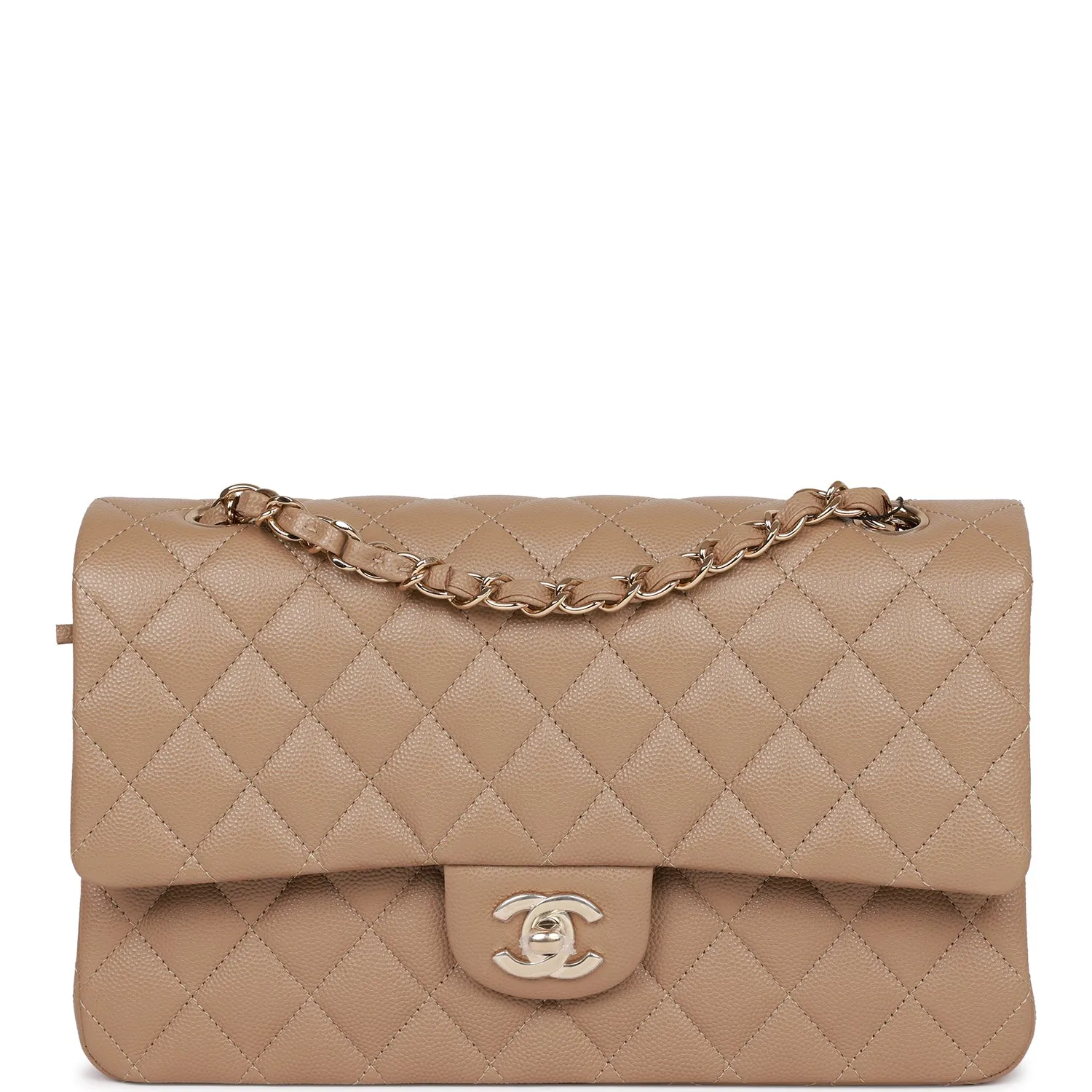 Chanel Medium Classic Double Flap Bag Dark Beige Caviar Light Gold Hardware