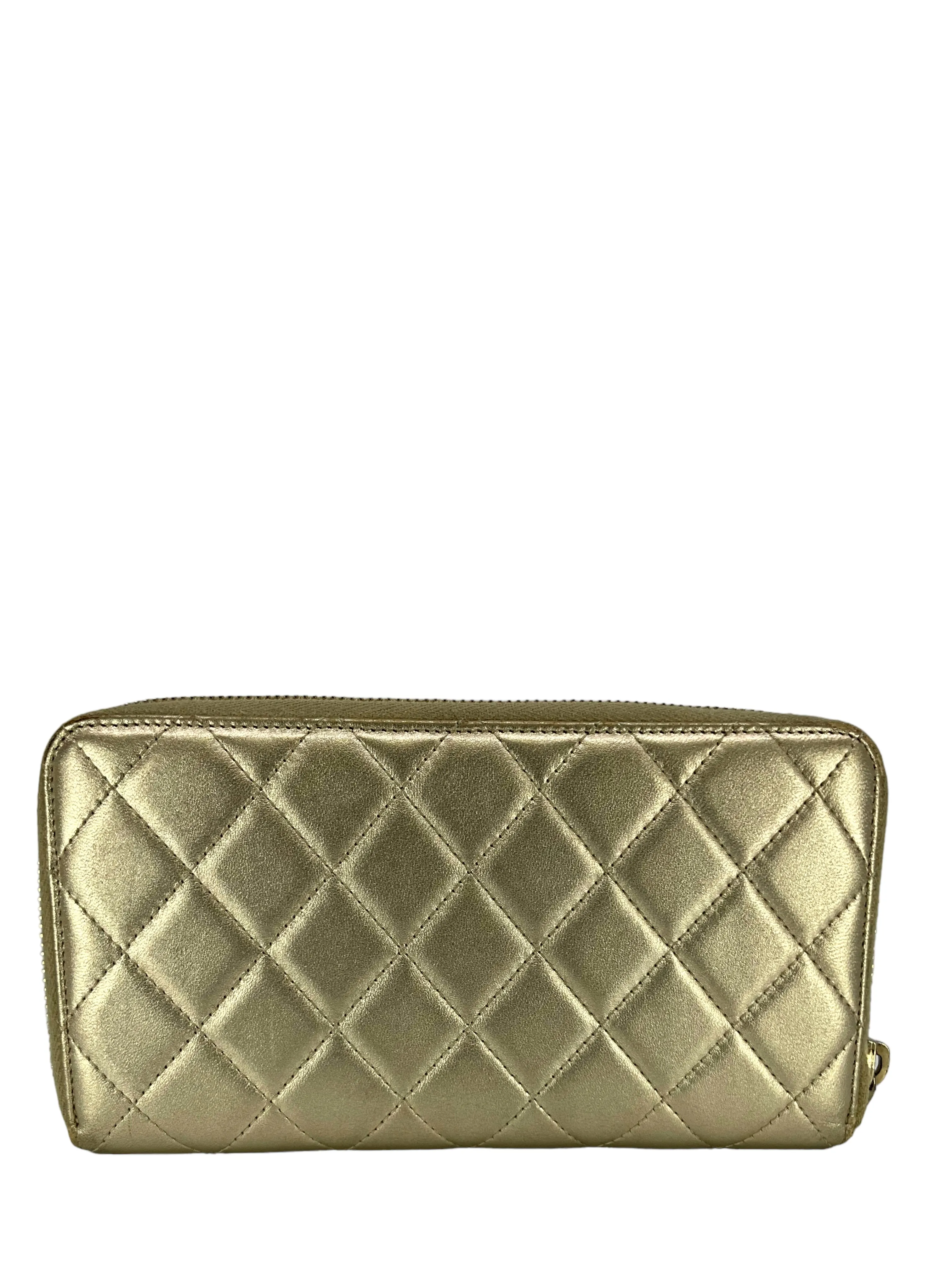 CHANEL Metallic Quilted Lambskin Long Zip Around Wallet