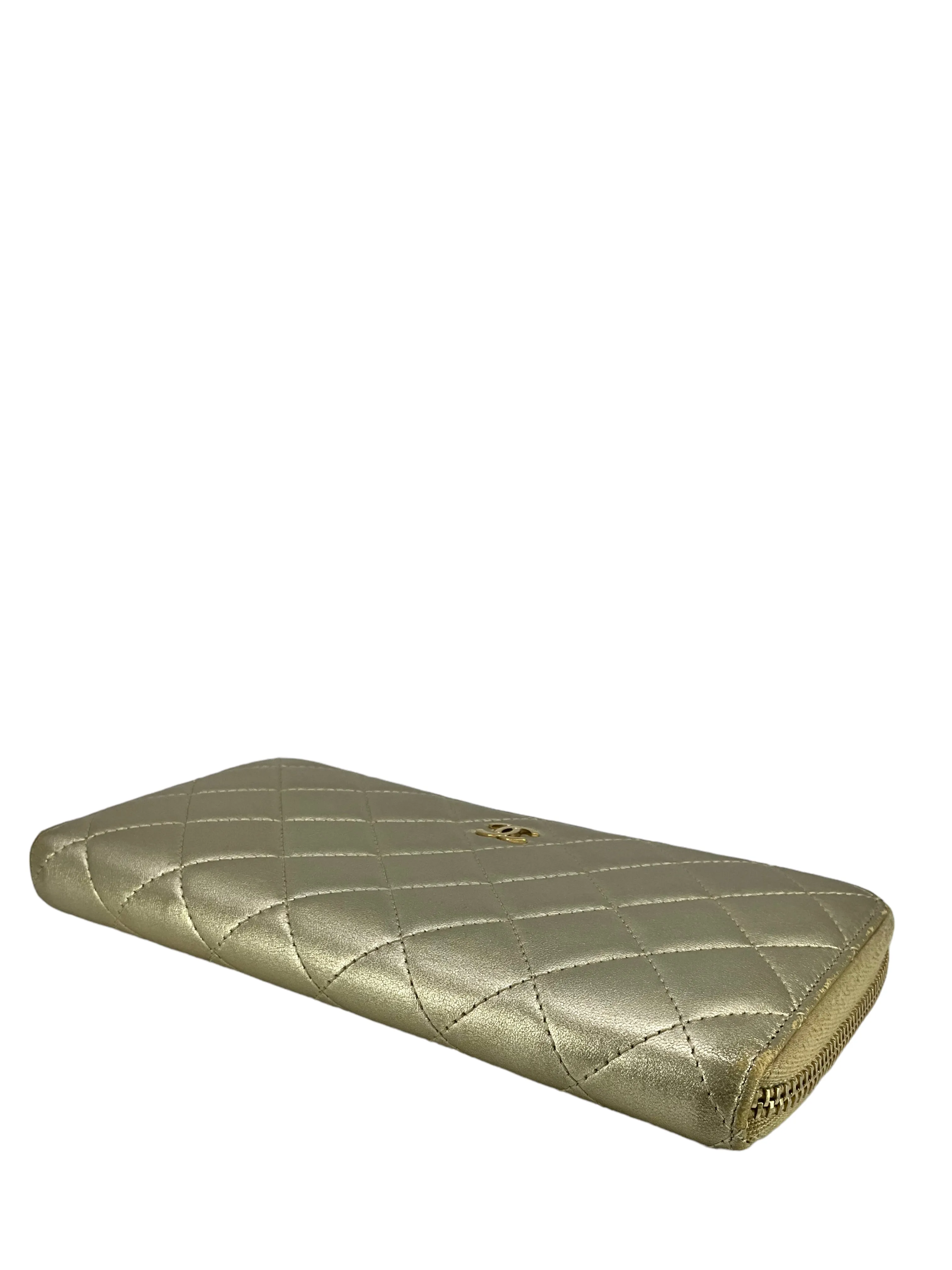 CHANEL Metallic Quilted Lambskin Long Zip Around Wallet