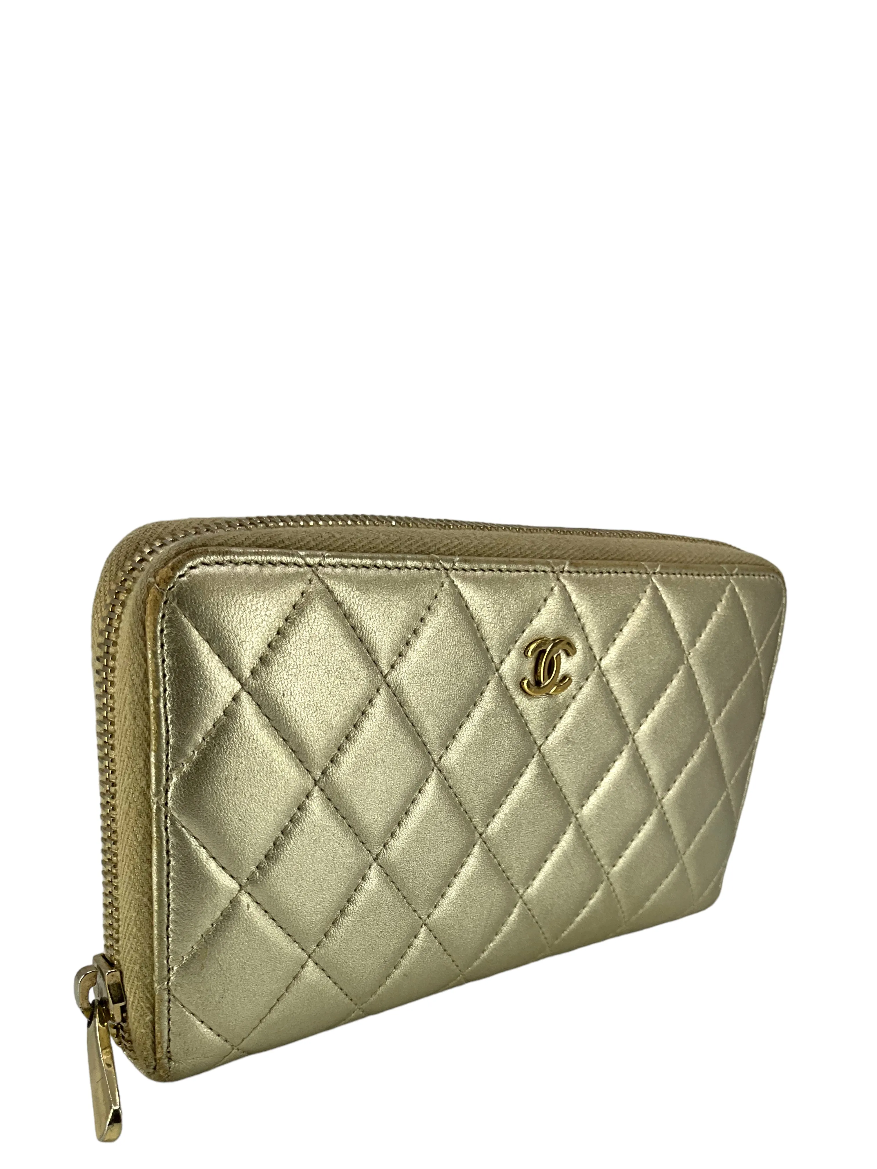 CHANEL Metallic Quilted Lambskin Long Zip Around Wallet