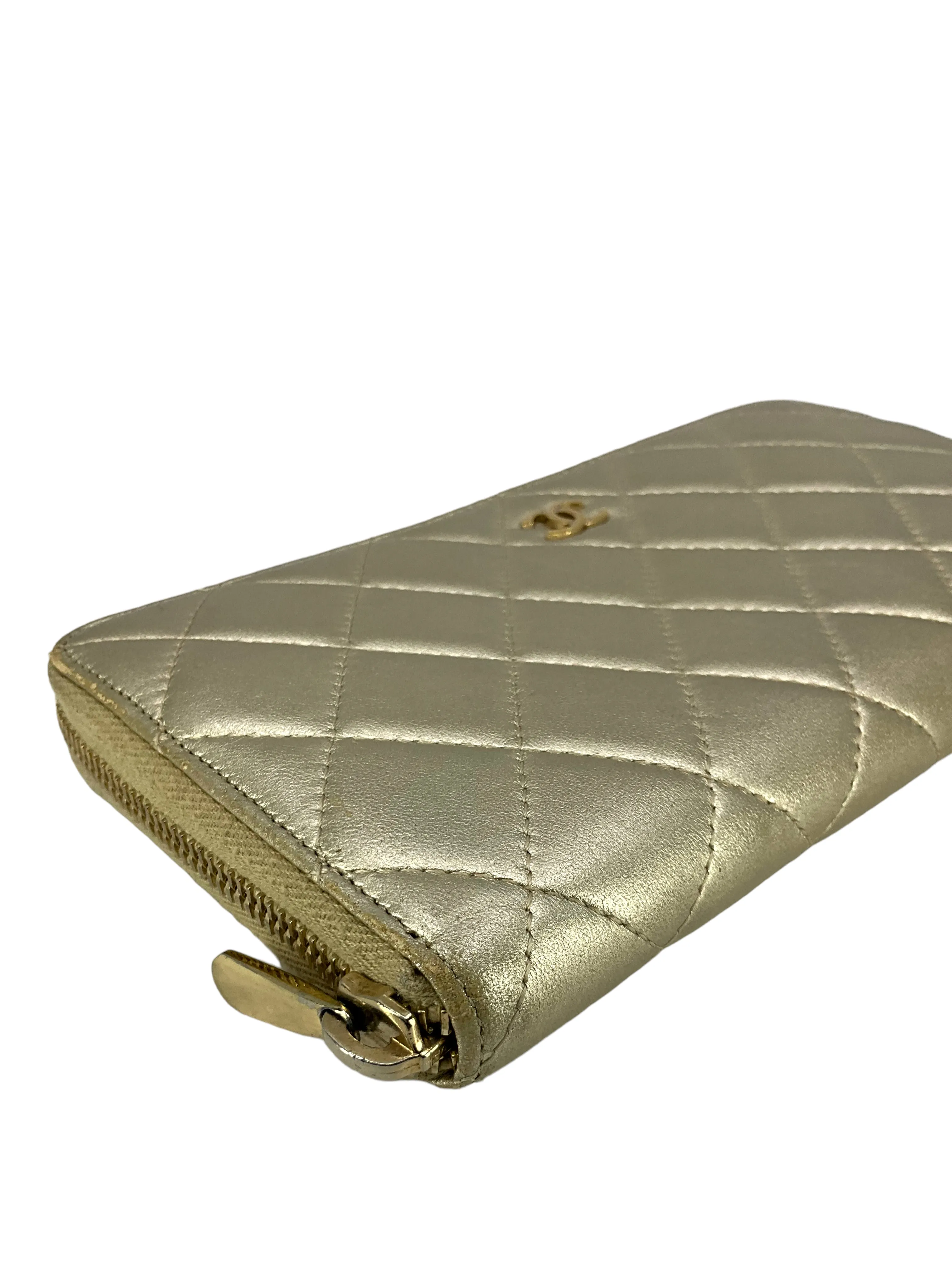 CHANEL Metallic Quilted Lambskin Long Zip Around Wallet