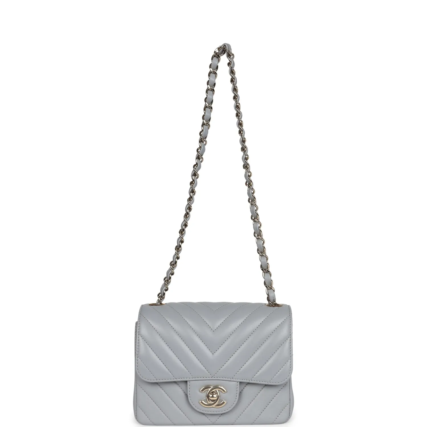 Chanel Mini Chevron Square Flap Bag Light Grey Lambskin Light Gold Hardware