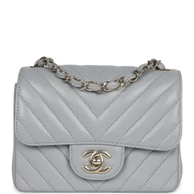 Chanel Mini Chevron Square Flap Bag Light Grey Lambskin Light Gold Hardware