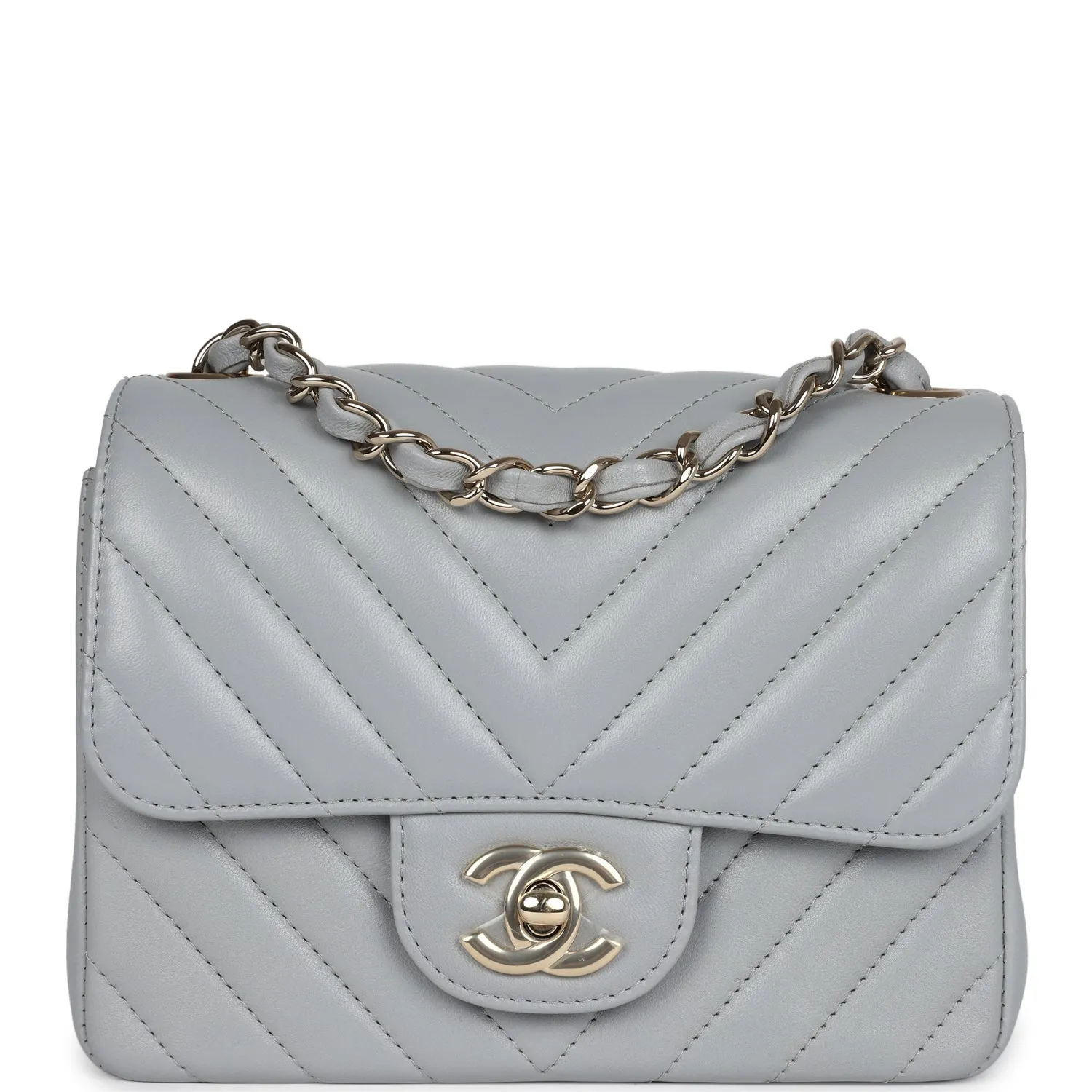 Chanel Mini Chevron Square Flap Bag Light Grey Lambskin Light Gold Hardware