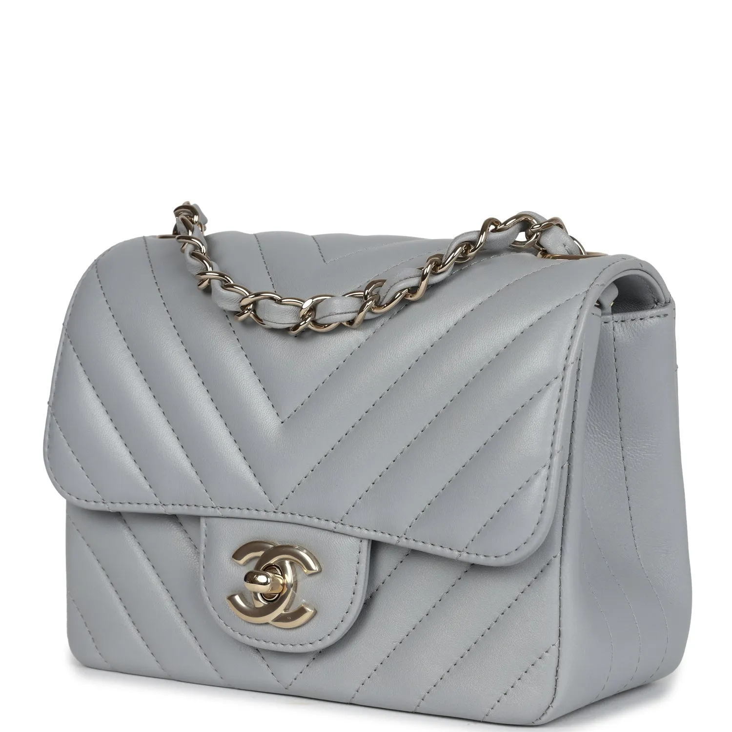 Chanel Mini Chevron Square Flap Bag Light Grey Lambskin Light Gold Hardware