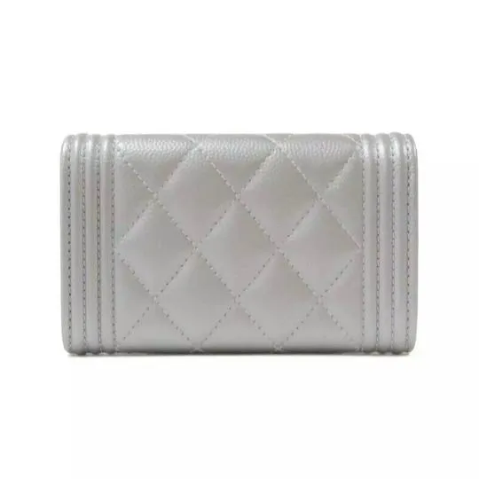 Chanel Silver Boy Metallic Caviar Quilted Card Holder Wallet