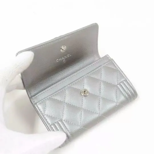 Chanel Silver Boy Metallic Caviar Quilted Card Holder Wallet