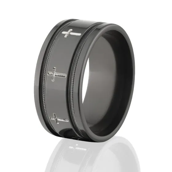 Christian Cross Black Zirconium Ring, Black Christian Rings